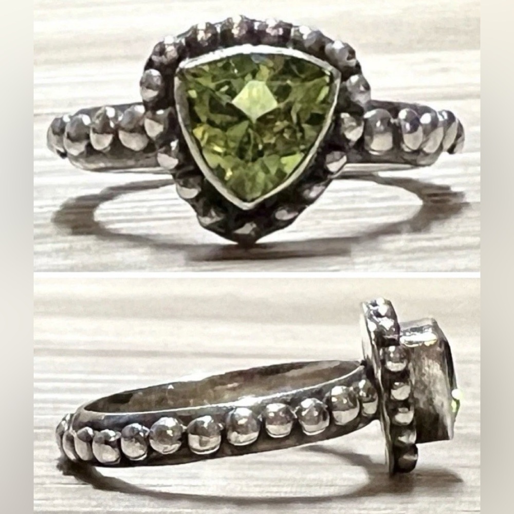 Vintage Handmade Designer Signed Sterling Silver Dotted Peridot Band Ring,Size 6